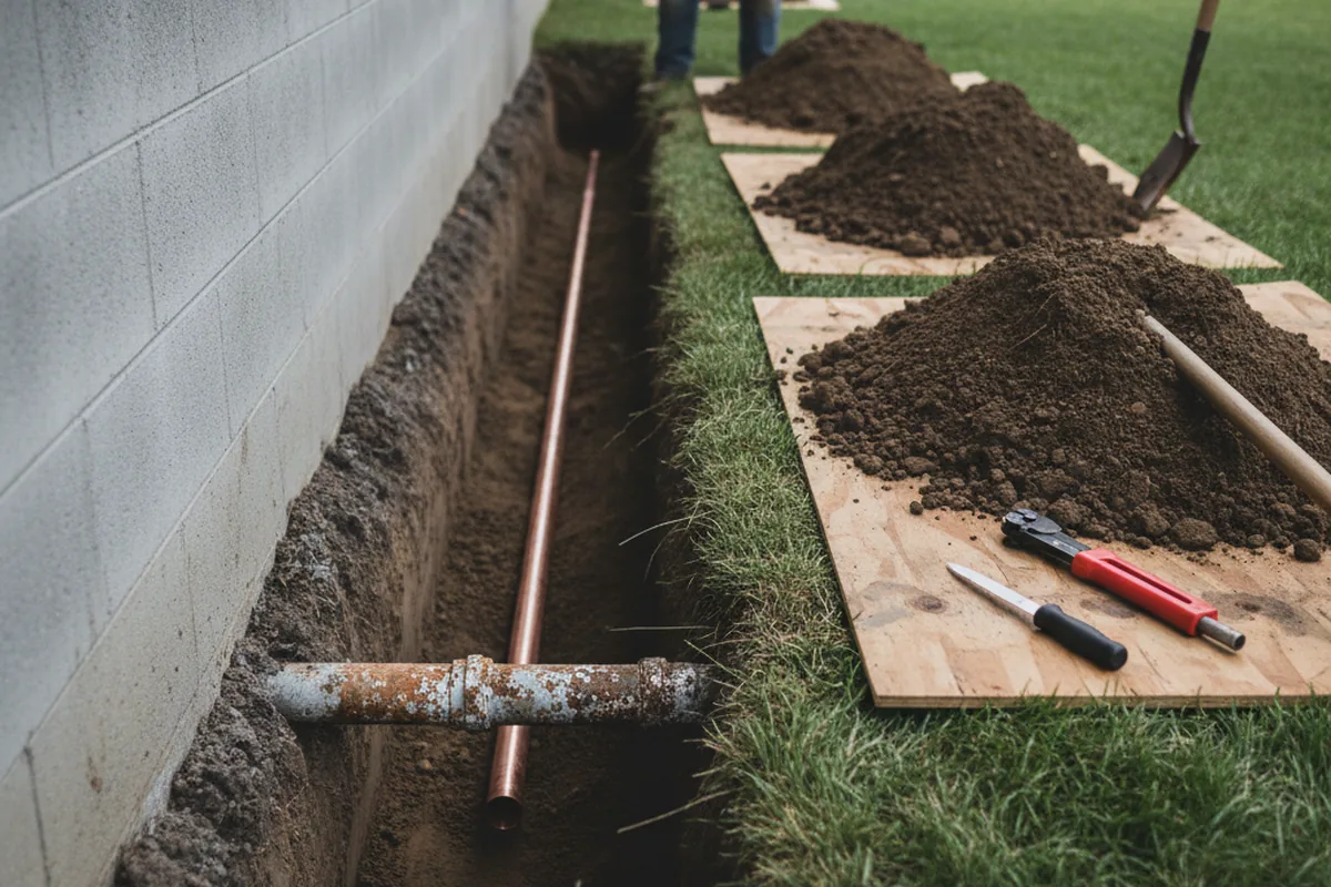 Excavated water line trench during Sewer Line Repair in Harvard